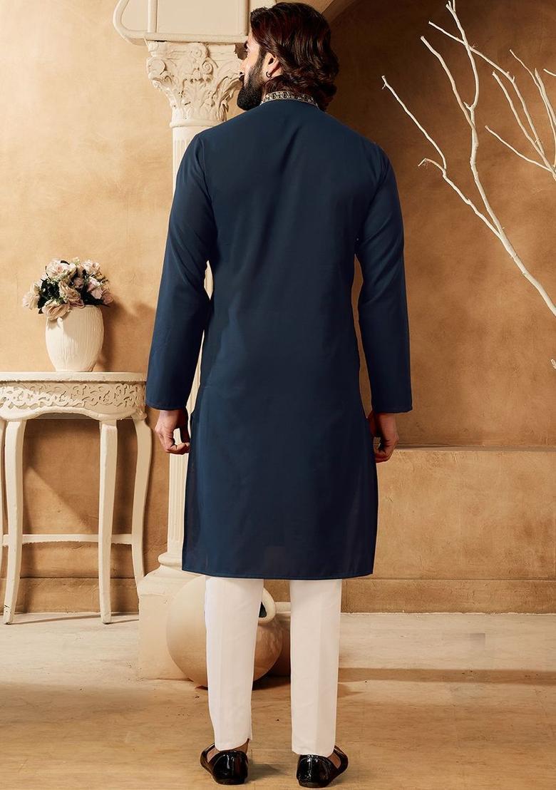Navy Blue Embroidered Polyester Kurta Set For Men - Indya