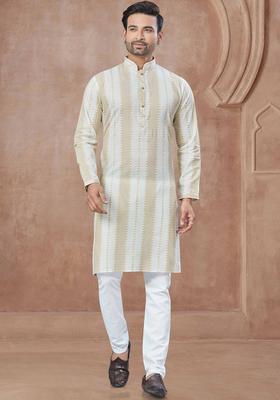 Beige Striped Cotton Kurta Set For Men
