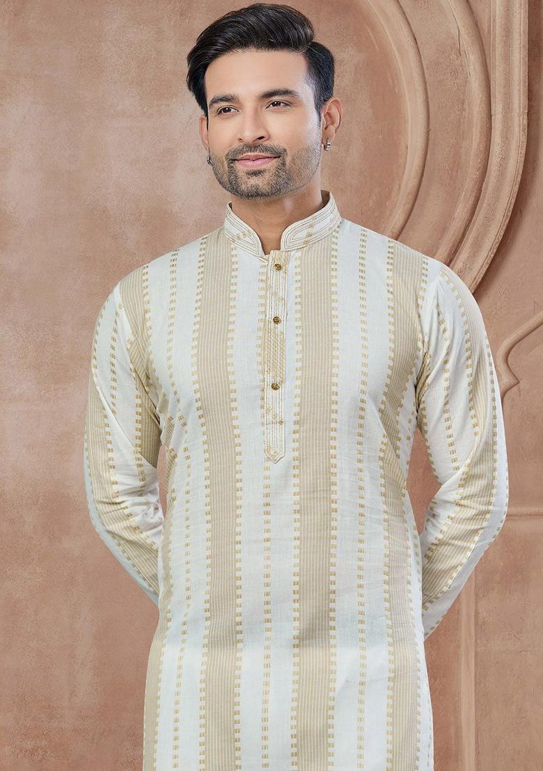 Beige Striped Cotton Kurta Set For Men - Indya