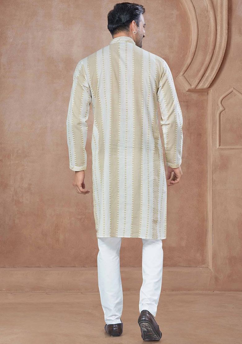 Beige Striped Cotton Kurta Set For Men - Indya