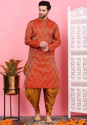 Maroon Woven Design Silk Kurta Set For Men