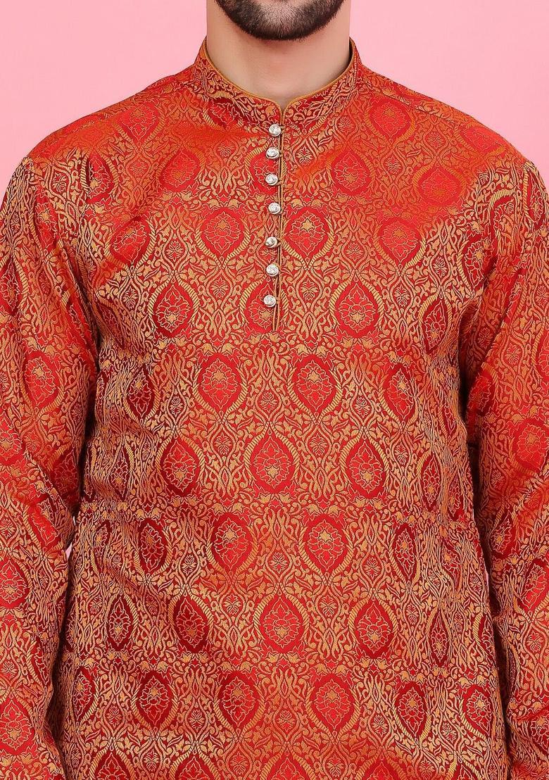 Maroon Woven Design Silk Kurta Set For Men - Indya