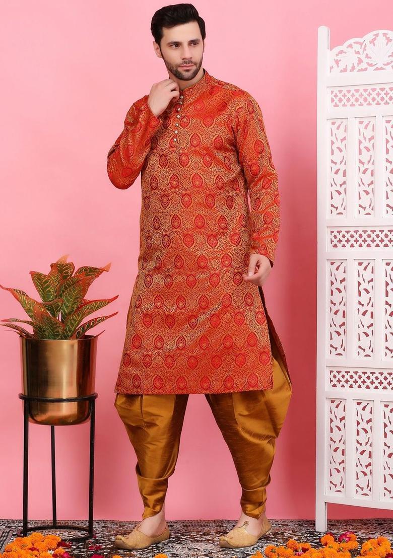 Maroon Woven Design Silk Kurta Set For Men - Indya