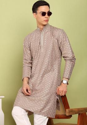 Beige Embroidered Cotton Kurta Set For Men