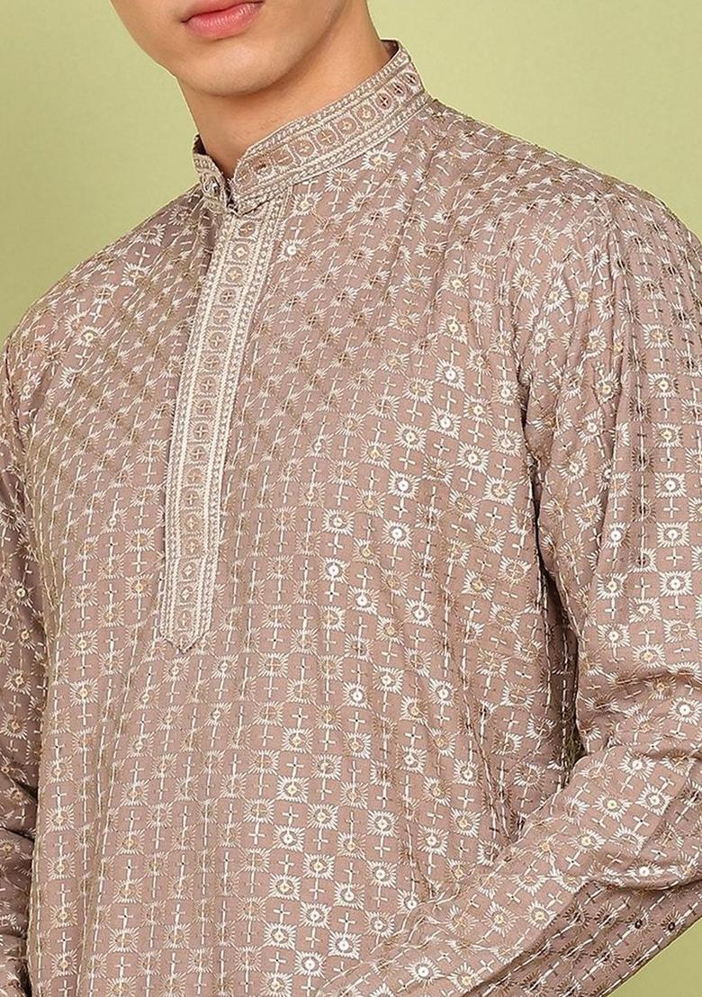 Beige Embroidered Cotton Kurta Set For Men - Indya