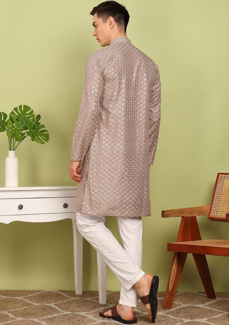 Beige Embroidered Cotton Kurta Set For Men - Indya