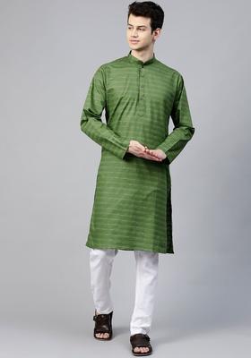 Green Striped Cotton Kurta Set For Men