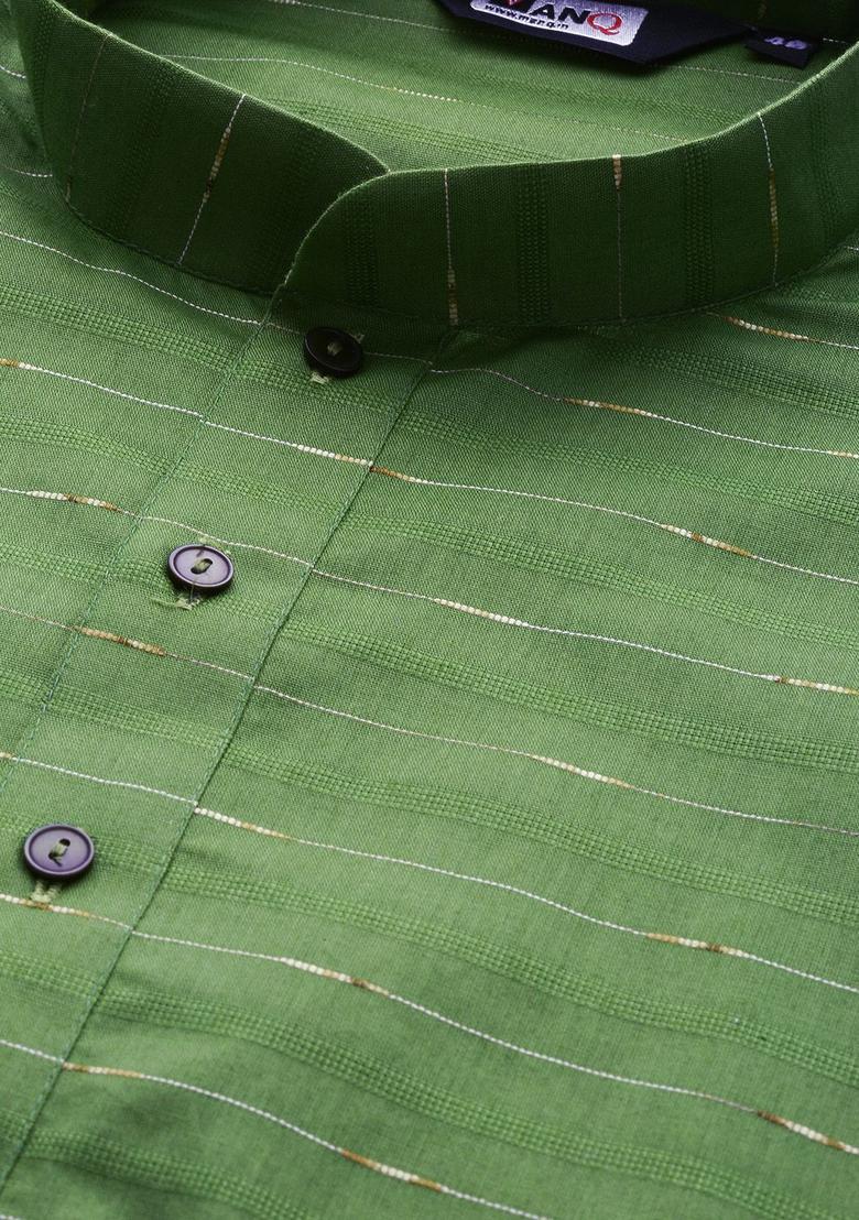 Green Striped Cotton Kurta Set For Men - Indya