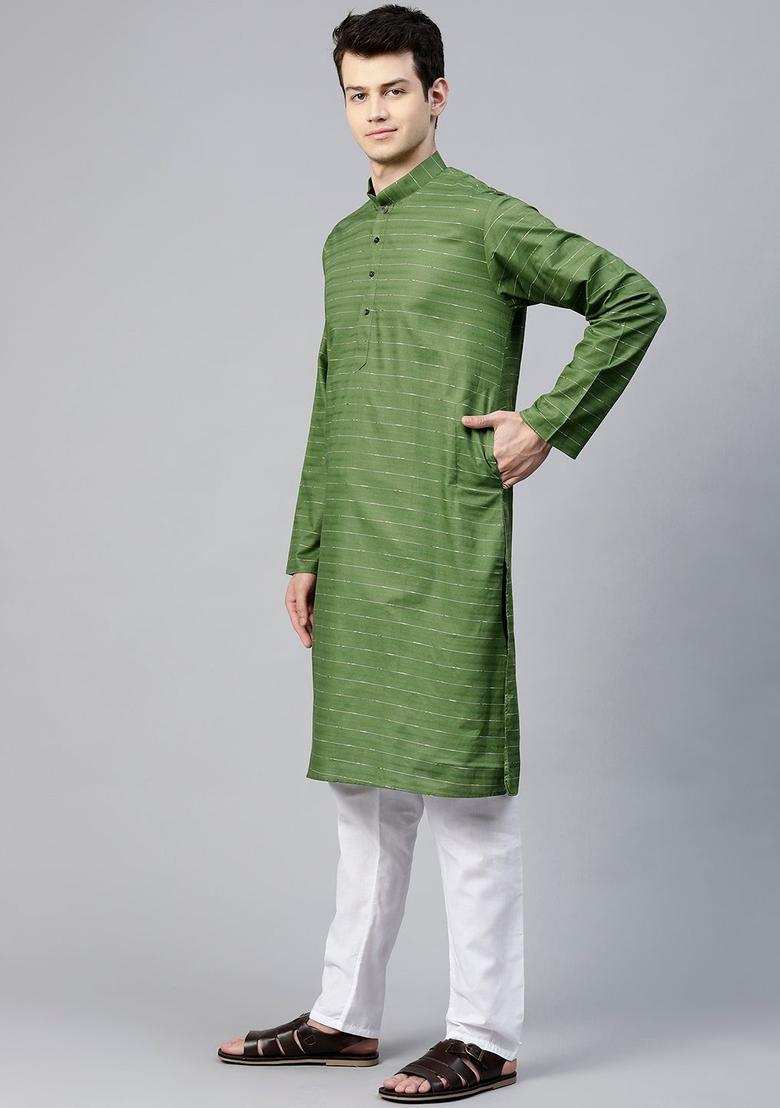 Green Striped Cotton Kurta Set For Men - Indya