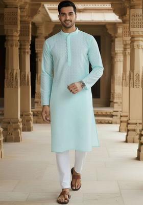 Turquoise Blue Self Design Cotton Kurta Set For Men