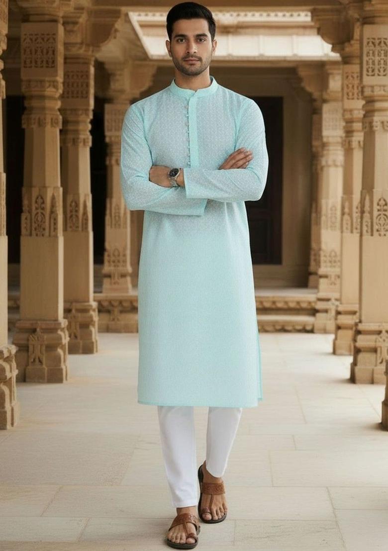 Turquoise Blue Self Design Cotton Kurta Set For Men - Indya