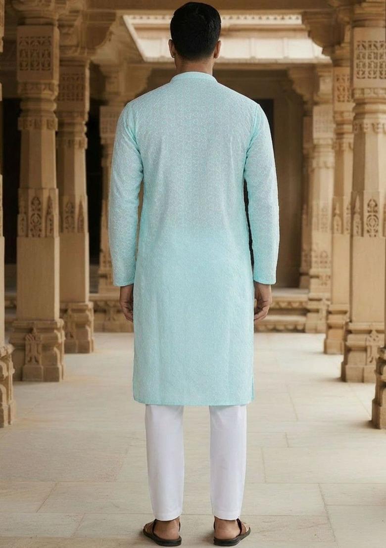 Turquoise Blue Self Design Cotton Kurta Set For Men - Indya