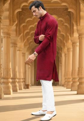 Maroon Embroidered Cotton Kurta Set For Men