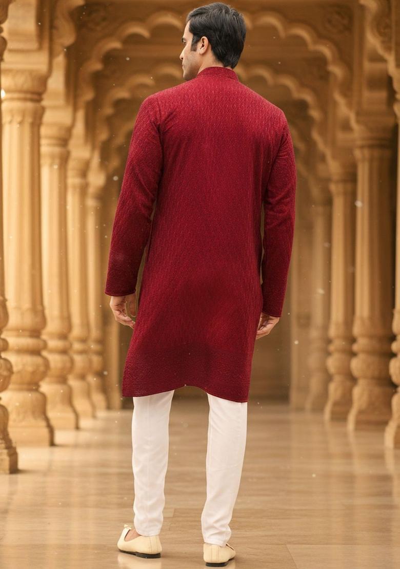 Maroon Embroidered Cotton Kurta Set For Men - Indya