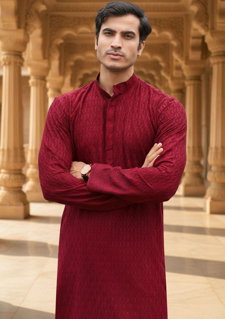Maroon Embroidered Cotton Kurta Set For Men - Indya