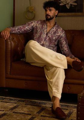 Beige Printed Silk Blend Kurta Set For Men