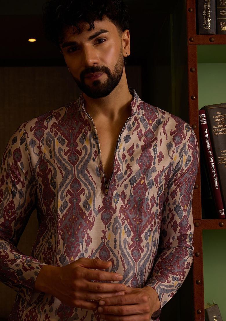 Beige Printed Silk Kurta Set For Men - Indya