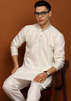 Off White Self Design Silk Kurta Set For Men
