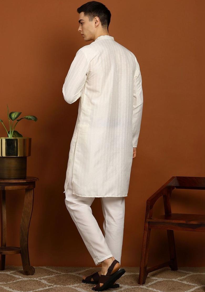 Off White Self Design Silk Kurta Set For Men - Indya