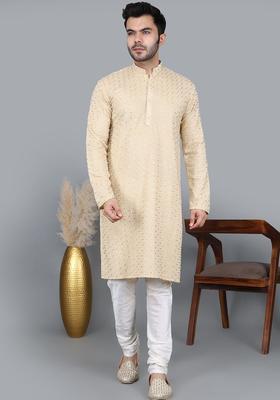 Gold Embroidered Cotton Kurta Set For Men
