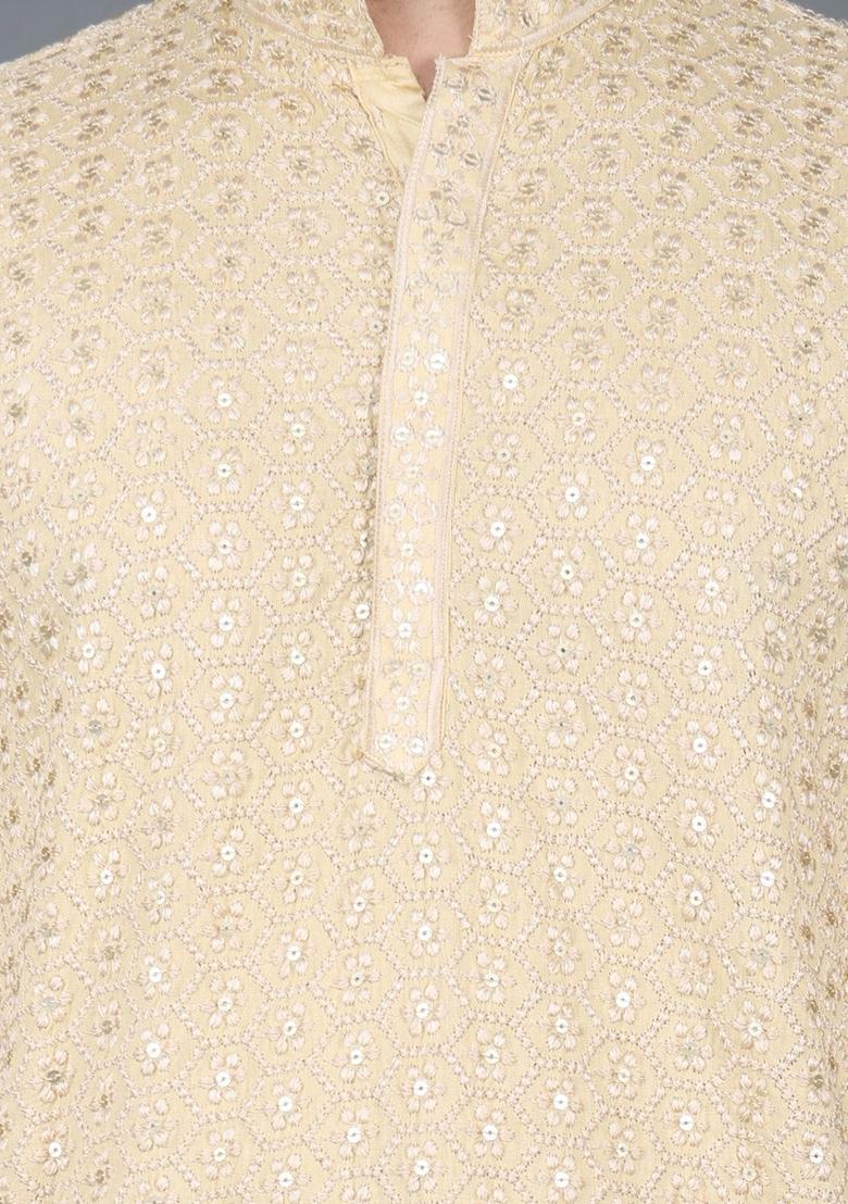 Gold Embroidered Cotton Kurta Set For Men - Indya
