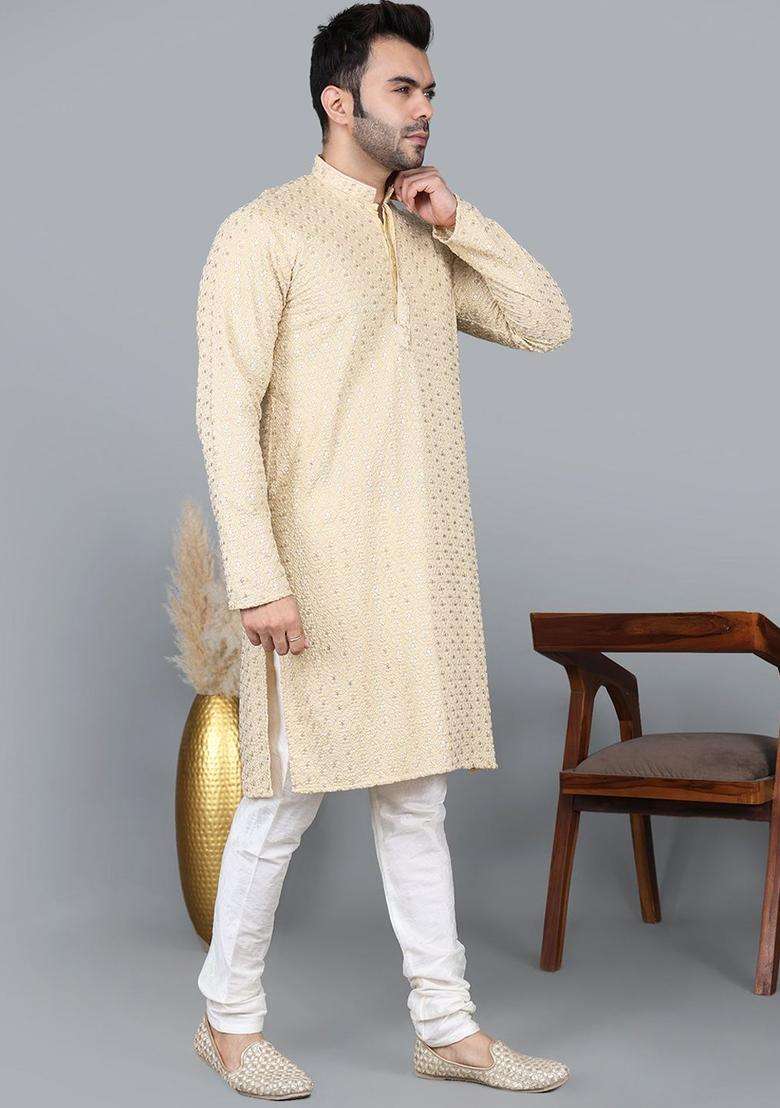 Gold Embroidered Cotton Kurta Set For Men - Indya