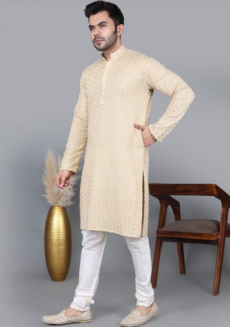 Gold Embroidered Cotton Kurta Set For Men - Indya