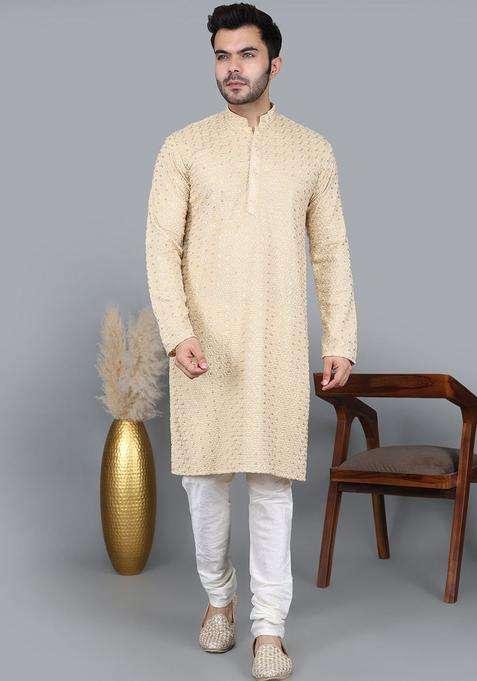 Gold Embroidered Cotton Kurta Set For Men