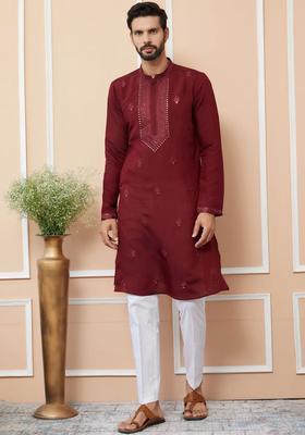 Maroon Embroidered Silk Kurta Set For Men