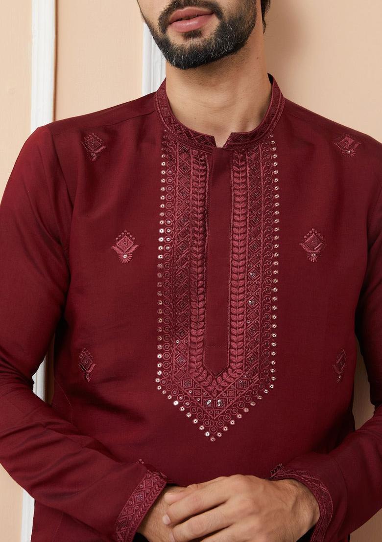 Maroon Embroidered Silk Kurta Set For Men - Indya