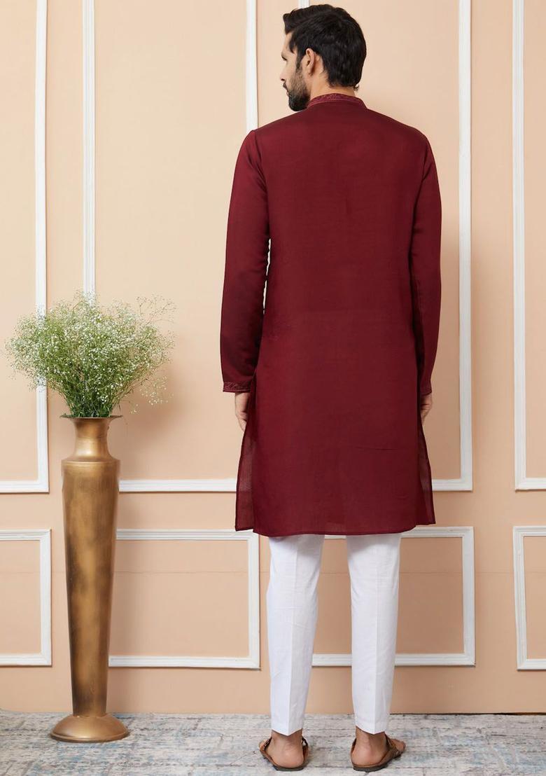 Maroon Embroidered Silk Kurta Set For Men - Indya