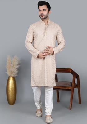 Beige Solid Cotton Kurta Set For Men