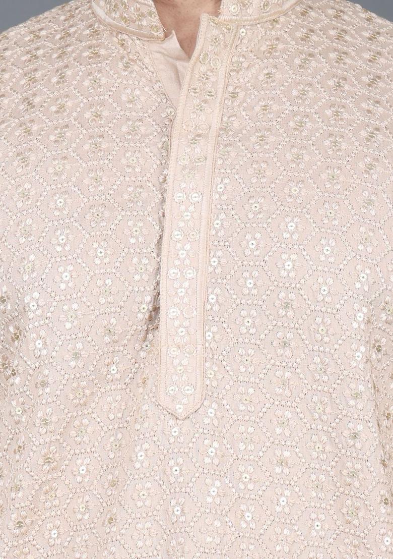 Beige Solid Cotton Kurta Set For Men - Indya