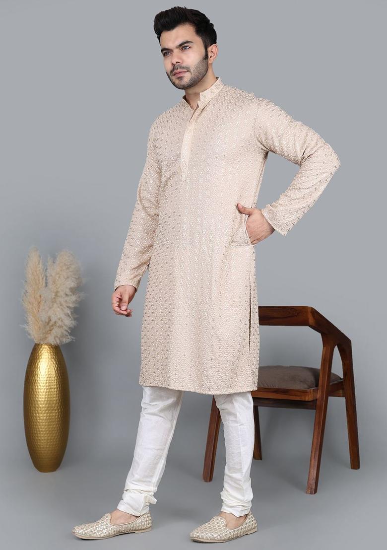 Beige Solid Cotton Kurta Set For Men - Indya