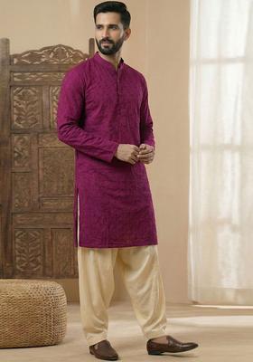Purple Embroidered Cotton Kurta Set For Men