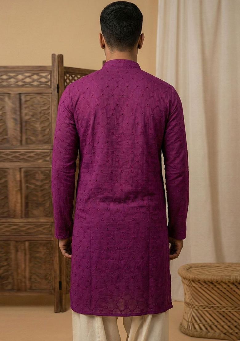 Purple Embroidered Cotton Kurta Set For Men - Indya