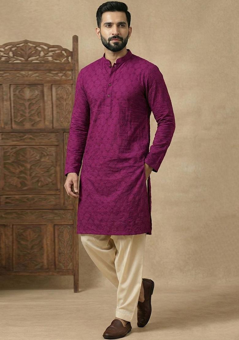 Purple Embroidered Cotton Kurta Set For Men - Indya