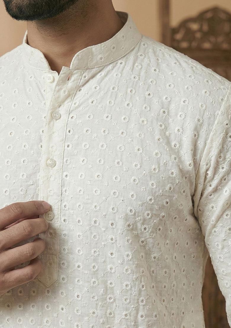Off White Embroidered Cotton Kurta Set For Men - Indya