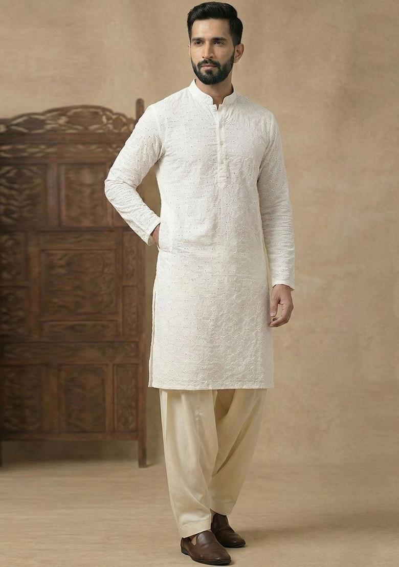 Off White Embroidered Cotton Kurta Set For Men - Indya