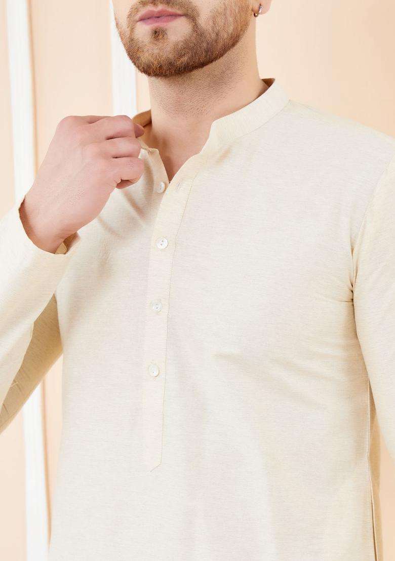 Off White Solid Cotton Kurta Set For Men - Indya
