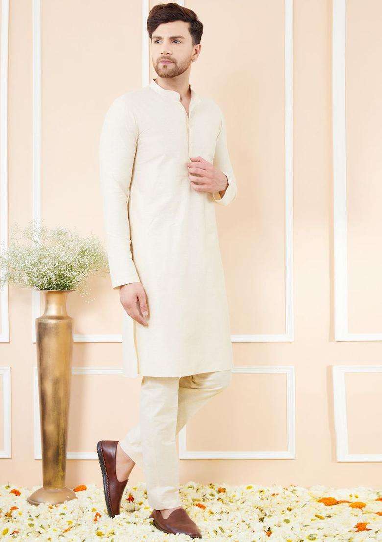 Off White Solid Cotton Kurta Set For Men - Indya