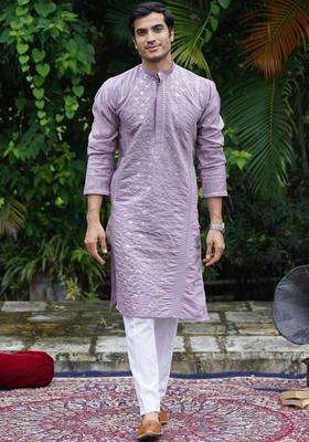 Lavender Embroidered Cotton Kurta Set For Men