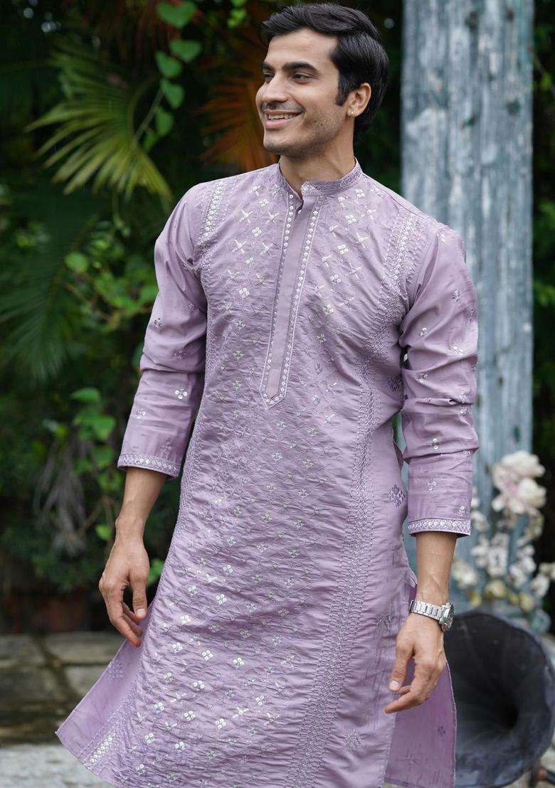 Lavender Embroidered Cotton Kurta Set For Men - Indya