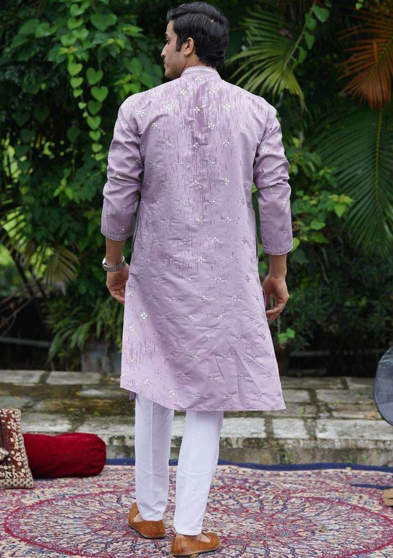 Lavender Embroidered Cotton Kurta Set For Men - Indya