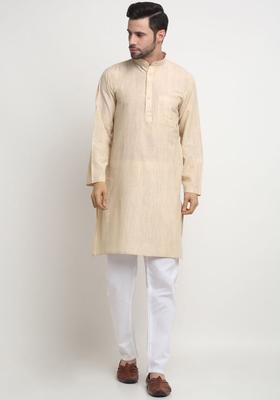 Cream Solid Cotton Kurta Set For Men