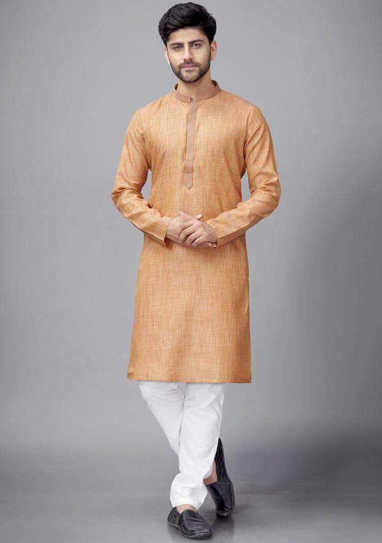 Rust Self Design Silk Blend Kurta Set For Men - Indya