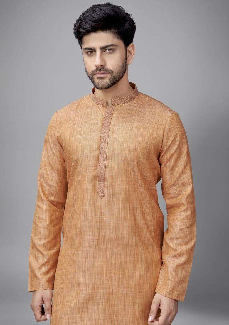 Rust Self Design Silk Blend Kurta Set For Men - Indya