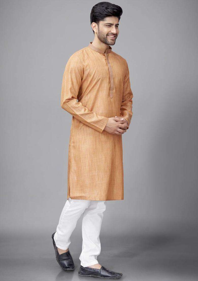 Rust Self Design Silk Blend Kurta Set For Men - Indya