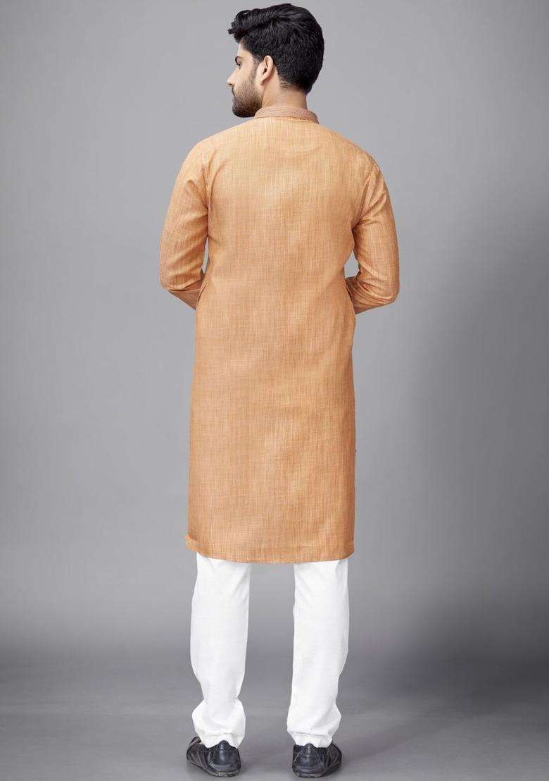 Rust Self Design Silk Blend Kurta Set For Men - Indya