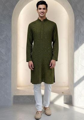 Olive Embroidered Silk Kurta Set For Men